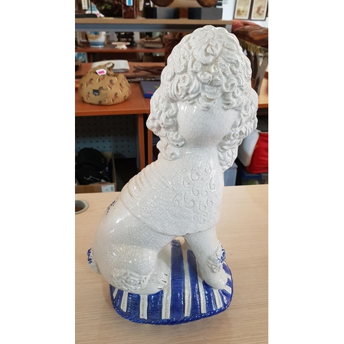 312 - Porcelain Chinese Poodle Dog Ornament, White with Blue Decoration (H:49.5cm)