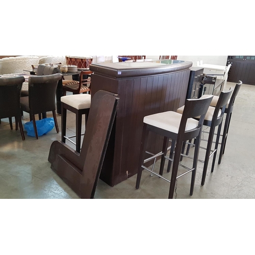 196 - Dark Brown Wood Corner Bar with Milk Glass Top, 4 - Stools in Dark Brown and Beige Fabric Seats and ... 