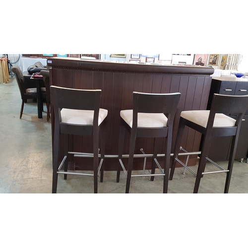 196 - Dark Brown Wood Corner Bar with Milk Glass Top, 4 - Stools in Dark Brown and Beige Fabric Seats and ... 