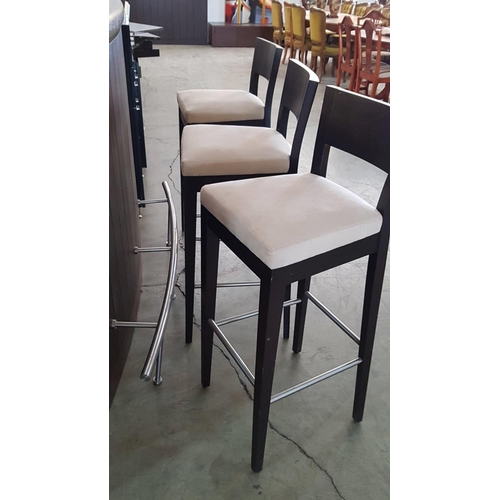 196 - Dark Brown Wood Corner Bar with Milk Glass Top, 4 - Stools in Dark Brown and Beige Fabric Seats and ... 