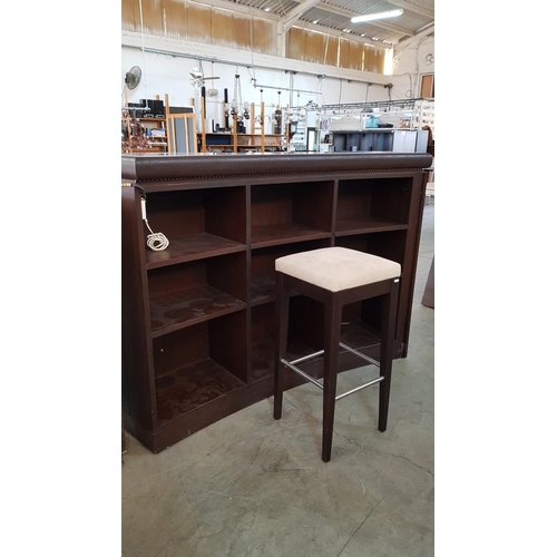 196 - Dark Brown Wood Corner Bar with Milk Glass Top, 4 - Stools in Dark Brown and Beige Fabric Seats and ... 