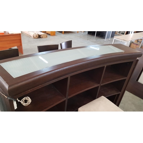 196 - Dark Brown Wood Corner Bar with Milk Glass Top, 4 - Stools in Dark Brown and Beige Fabric Seats and ... 