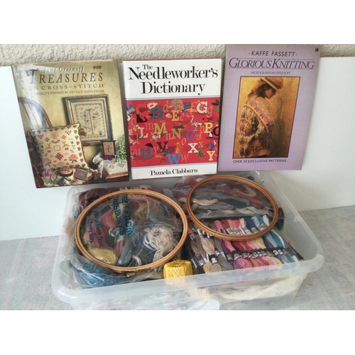 63 - Large box of over 100 embroidery silks and tapestry wools, plus tools and equipment and two illustra... 