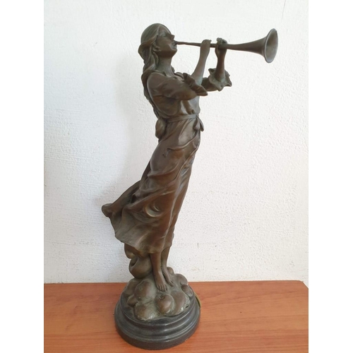 69 - Bronze Statue on Marble Base of Lady Playing Horn, Signed / After 