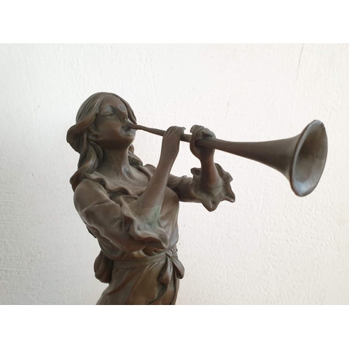 69 - Bronze Statue on Marble Base of Lady Playing Horn, Signed / After 