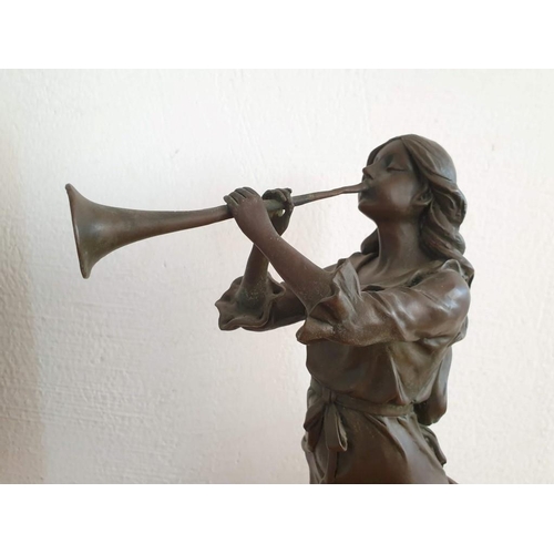 69 - Bronze Statue on Marble Base of Lady Playing Horn, Signed / After 