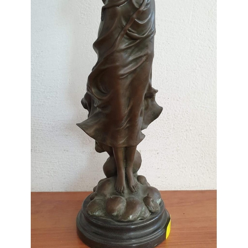 69 - Bronze Statue on Marble Base of Lady Playing Horn, Signed / After 