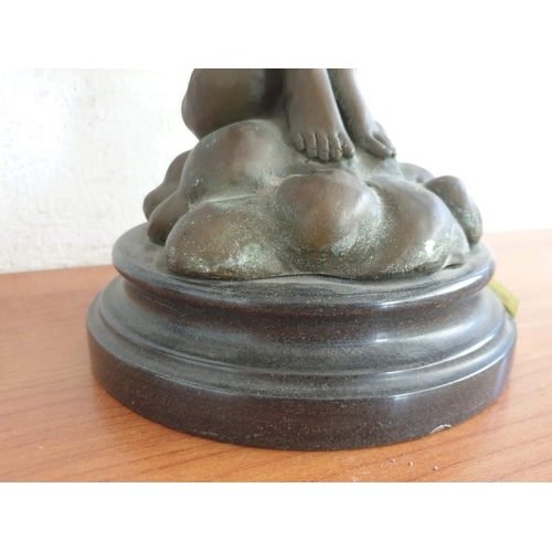 69 - Bronze Statue on Marble Base of Lady Playing Horn, Signed / After 