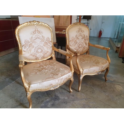 406 - Pair of Classic Style Armchairs, Gold Tone Finish, Carved Wood with Embroidered Padded Silk Seat, Ba... 