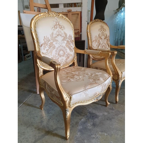 406 - Pair of Classic Style Armchairs, Gold Tone Finish, Carved Wood with Embroidered Padded Silk Seat, Ba... 