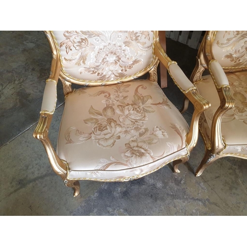 406 - Pair of Classic Style Armchairs, Gold Tone Finish, Carved Wood with Embroidered Padded Silk Seat, Ba... 