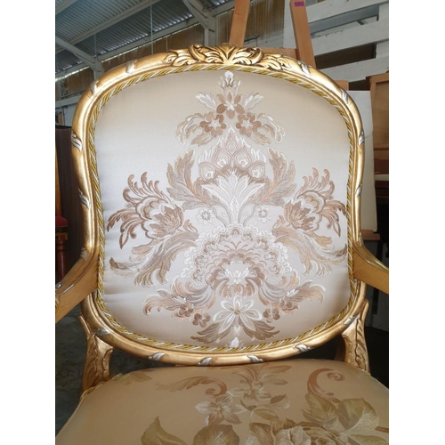 406 - Pair of Classic Style Armchairs, Gold Tone Finish, Carved Wood with Embroidered Padded Silk Seat, Ba... 