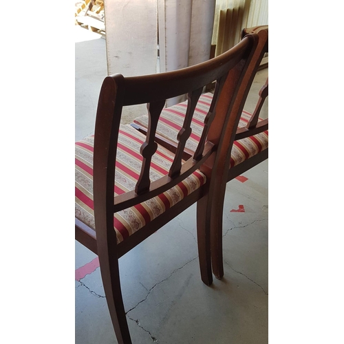 419 - 2 x Vintage Solid Wood Bannister Back Dinning Chairs with Burgundy & Gold Colour Stripped Fabric Sea... 