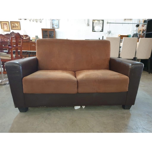 429 - 2 - Seater Sofa with Brown Microfibre Seat & Back Cushions and Brown Leatherette Arms (A/F)