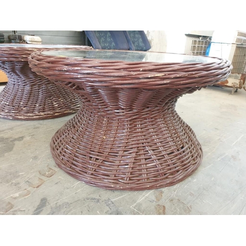 431 - Pair of Thick Wicker Round Side Tables with Inset Glass Top (84cm x H:46cm)