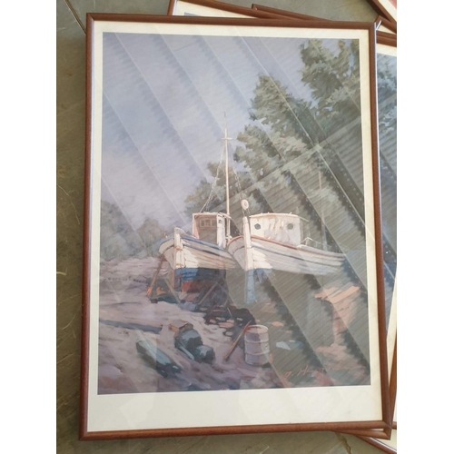 432 - Collection of Posters in Wood Frames; 8 x Fishing Boat and 2 x Abstract Horses (52cm x 72cm) (10)