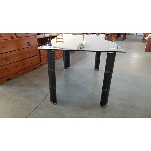 468 - Modern Black Glass Top Table with Chrome / Leather Effect Legs (150cm x 90cm x 75cm)