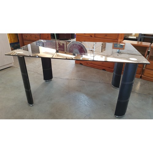 468 - Modern Black Glass Top Table with Chrome / Leather Effect Legs (150cm x 90cm x 75cm)