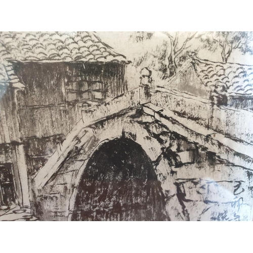 498 - Framed Pen or Ink Drawing of Bridge over River with Oriental Seal/Stamps (Approx. 28 x 28cm Overall)... 