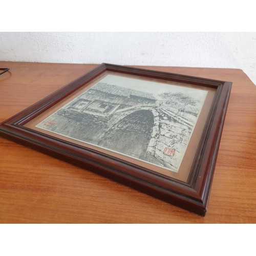 498 - Framed Pen or Ink Drawing of Bridge over River with Oriental Seal/Stamps (Approx. 28 x 28cm Overall)... 