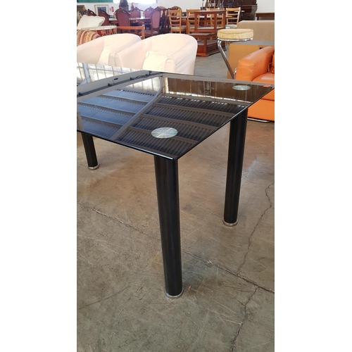 346 - Modern Dinning Table with Black Glass Top and Metal Legs (80cm x 140cm x 75cm)