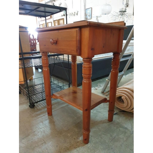 354 - Pine Side Table / Unit with Drawer, Lower Shelf & Turned Legs (55cm x 41cm x 77cm)