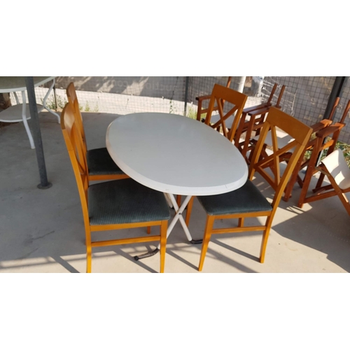 355 - Oval Folding Garden Table (117cm x 77cm x 72cm) and 4 x Kitchen / Dinning Chairs with Green Fabric S... 