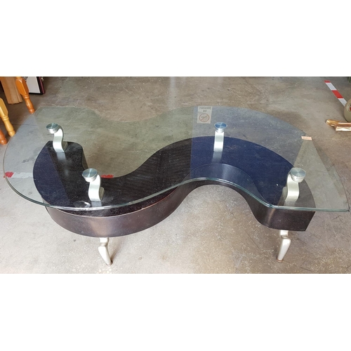 357 - Modern Wave - Shaped Coffee Table with Glass Top (Chipped) and Little Drawer (126cm x 60cm x 45.5cm)