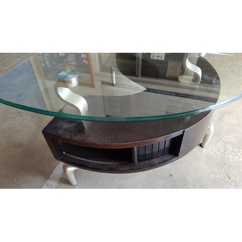 357 - Modern Wave - Shaped Coffee Table with Glass Top (Chipped) and Little Drawer (126cm x 60cm x 45.5cm)