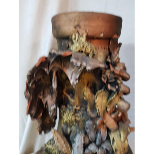 677 - Terracotta Vase in Style of Tree Trunk Finished with Cactus Leaves, Roots etc (H:43cm)