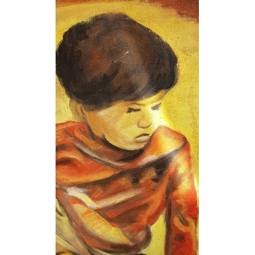 102 - Vintage Oil on Canvas Painting of Boy looking At Book (60cm x78cm )