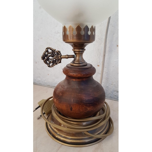 141 - Vintage Style Brass Effect / Wood / Glass Shade Electric Lamp (Un-Tested)