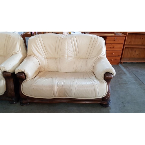 142 - 2 - Seater & 3 - Seater Sofa Set with Classic Carved Wooden Frame and Cream Coloured Leather Effect ... 