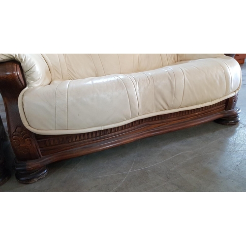 142 - 2 - Seater & 3 - Seater Sofa Set with Classic Carved Wooden Frame and Cream Coloured Leather Effect ... 