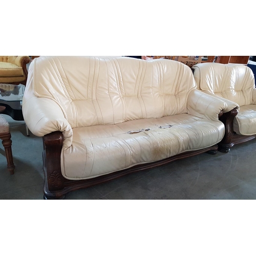 142 - 2 - Seater & 3 - Seater Sofa Set with Classic Carved Wooden Frame and Cream Coloured Leather Effect ... 