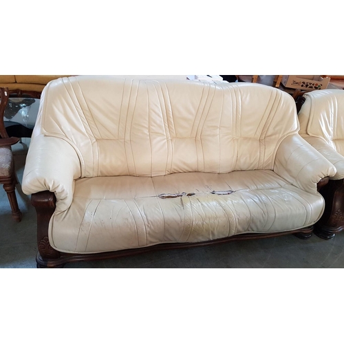 142 - 2 - Seater & 3 - Seater Sofa Set with Classic Carved Wooden Frame and Cream Coloured Leather Effect ... 