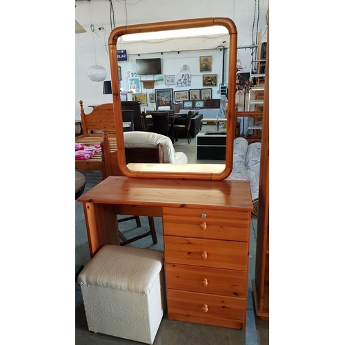 148 - Pine Dressing Table with Mirror and Stool (Mirror 71cm x 88cm, Tabble 90cm x 39cm x H:76cm, Stool 40... 