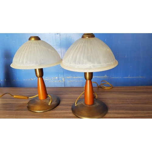 159 - Pair of Bed Side Lamps Brass / Wood / Milk Glass (Un-Tested)