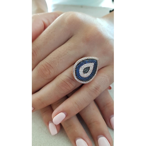 175 - Silver (.925) Ring Rose Gold Plates with White and Blue Crystals, Size R