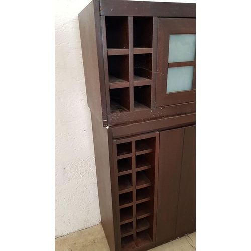 197 - Dark Brown Wooden Side Board with Wine Rack in the Side and Hanging Glass Door Shelf / Unit (Side Bo... 