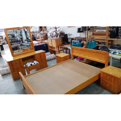 204 - Pine Bed Room Set; Double Bed (No Mattress) Dressing Table with Mirror and Stool and Pair of Bedside... 