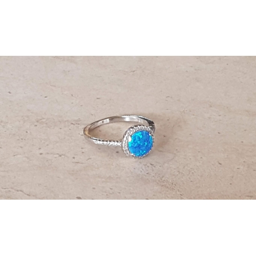 239 - Silver Ring with Blue Stone and Crystal, Size Q