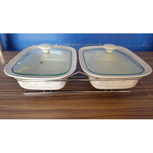 322 - Pair of Small Ceramic Dishes with Glass Lid in Metal / Warmer Stand (7.5cm x 21cm x 28cm each)