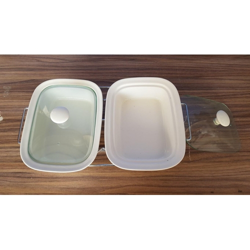 322 - Pair of Small Ceramic Dishes with Glass Lid in Metal / Warmer Stand (7.5cm x 21cm x 28cm each)