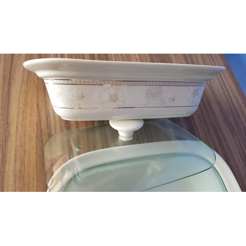 322 - Pair of Small Ceramic Dishes with Glass Lid in Metal / Warmer Stand (7.5cm x 21cm x 28cm each)