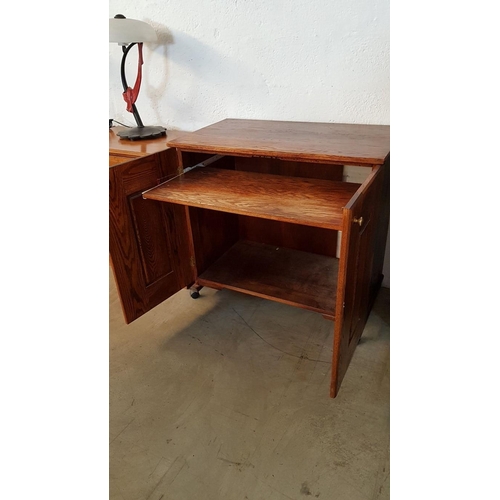 335 - Wooden Computer Desk / 2 - Door Cupboard on Wheels (91cm x 53cm x 84cm)