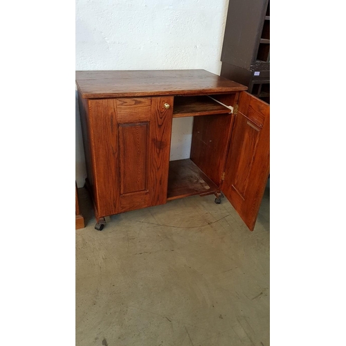 335 - Wooden Computer Desk / 2 - Door Cupboard on Wheels (91cm x 53cm x 84cm)