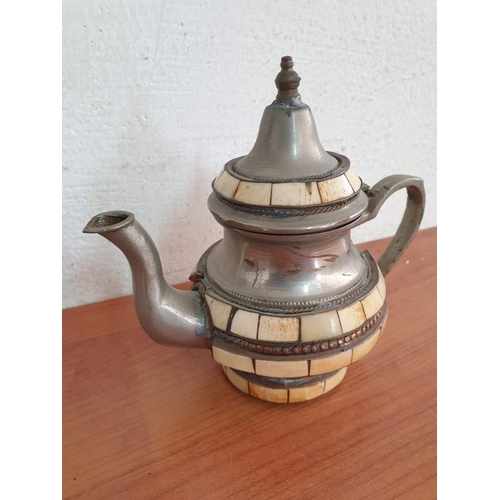 36 - Antique Persian Decorative White Metal Tea Pot with Mother of Pearl (Persian Stamps on Base) (H:15cm... 