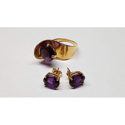 70 - 18ct Yellow Gold Modern Ring, Size N/O with Large Round Cut Amethyst Stone and Pair of Matching Earr... 