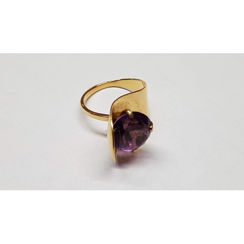 70 - 18ct Yellow Gold Modern Ring, Size N/O with Large Round Cut Amethyst Stone and Pair of Matching Earr... 